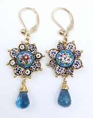 Micro Mosaic Earrings London Blue Topaz Antique Italy 14K Gold Filled