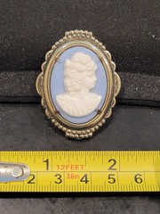 Oval Cameo Portrait Brooch Pin, Scalloped Gold-Tone Setting, Blue & White