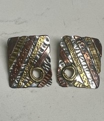 Vintage Artisan Earrings Modernist Mixed Metal Riveted Dangle Clip On So Unique