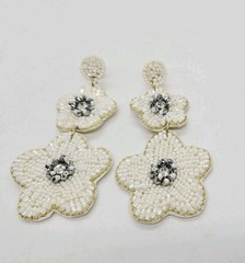 White Flower Seed Bead Earrings Dangle Pierced Beaded Chandelier 3.5 in