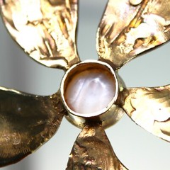Vtg MCM Sterling Modernist Flower Brooch Mabe Pearl Gold Vermeil 5″ 71g Signed