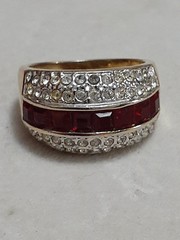 Vintage layered CZ white & red channel set unisex gold tone ring size 7