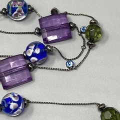 Glass Bead Station Necklace Blue Flower Lampwork Purple Acrylic Black Tone 36″