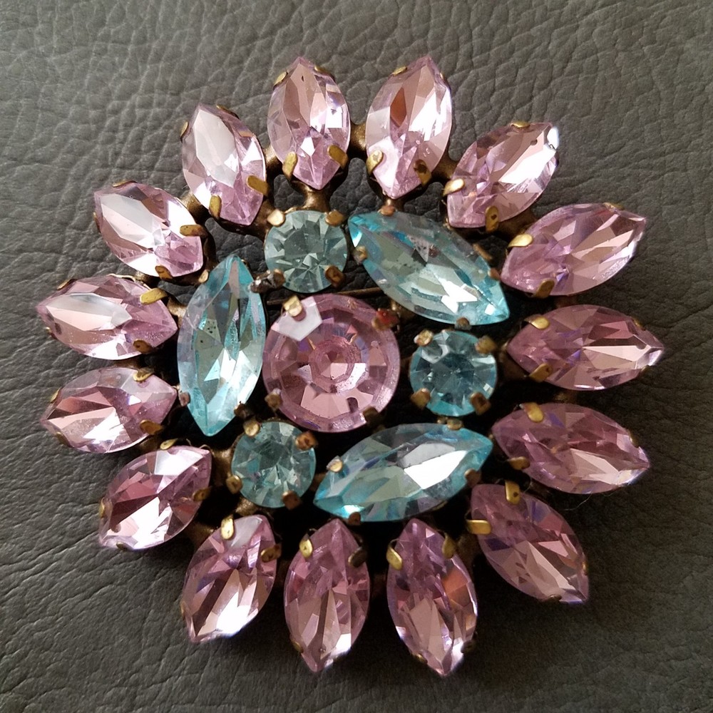 Vintage Pink and Blue Marquise Rhinestone Floral Brooch