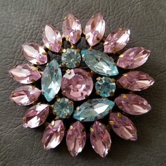 Vintage Pink and Blue Marquise Rhinestone Floral Brooch