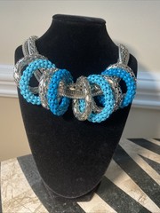 Vintage Graziano Mesh Chain Runway Necklace Estate Jewelry Statement Blue Enamel
