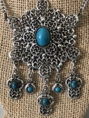 Vintage Silver Tone Faux Turquoise Necklace Tribal Festival Boho Stunning