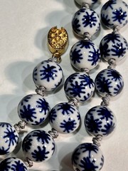 VINTAGE! Chinese 56 BEAD Necklace Hand-Knotted Porcelain BLUE & WHITE STARS 33”