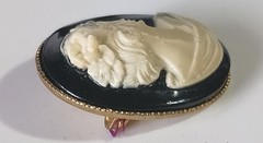 Vintage Glossy Black & White Cameo Portrait Brooch w Gold-tone Frame & C-clasp