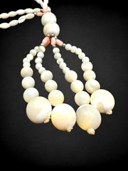 Antique Art Deco Mother of Pearl Angel Skin Coral Sautoir Necklace Fringe Tassel