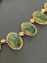 VICTORIAN EGYPTIAN REVIVAL SCARAB BEETLE NECKLACE – GILDED SILVER – 22″ L