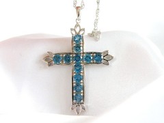 Vintage Sterling Silver 925 Heated London Blue Topaz Cross Pendant Necklace