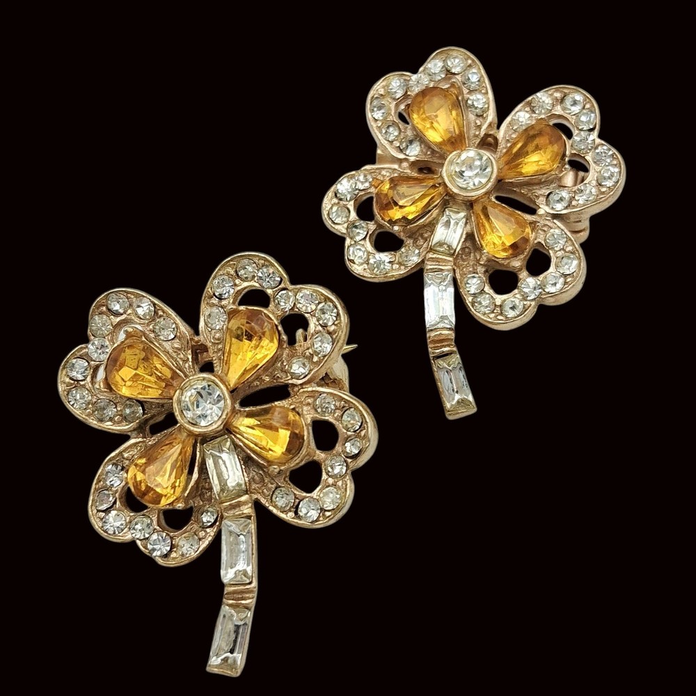 Vtg Gold Tone Flower Brooch Set Yellow Rhinestone Floral Pins Pair