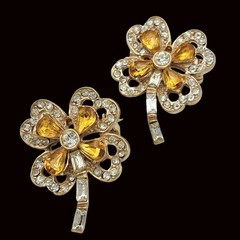 Vtg Gold Tone Flower Brooch Set Yellow Rhinestone Floral Pins Pair