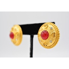 Vintage Cabochon Earrings Red Brushed Gold Matte Chunky Crystal NOS 1980s BinA11
