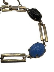 Vintage Egyptian Revival Carved Glass Scarab Bracelet Safety Chain READ