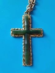 Vintage Signed SWOBODA Likely Jade Cross Pendant Chain Necklace Large 2.5in