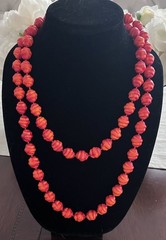 Vintage Orange Coral Red Resin Textured Beaded Extra Long 48” Knotted Necklace
