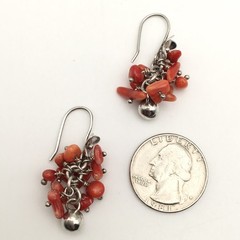 Vintage Sterling Silver Red Orange Coral Flower Hook Dangle Earrings 8.9g #97