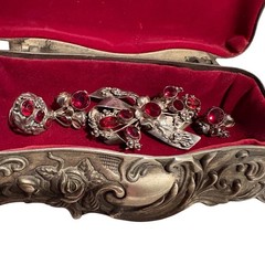 Rare Hobe Sterling 925 Ribbon Spray Earrings Brooch Ring Set Ruby Crystals w/Box