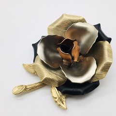 Vintage Gold Tone Cabbage Rose Stem In Black Brown Silver And Gold Brooch 3.5”