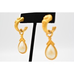 Vintage Dangle Earrings Pearl Teardrop Cabochon Hoop Brushed Gold 1980s BinAG