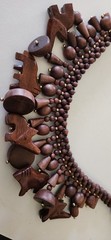 African Animal Bib Necklace Charm Carved Wood Elephant Wolves Brown Tribal Bead