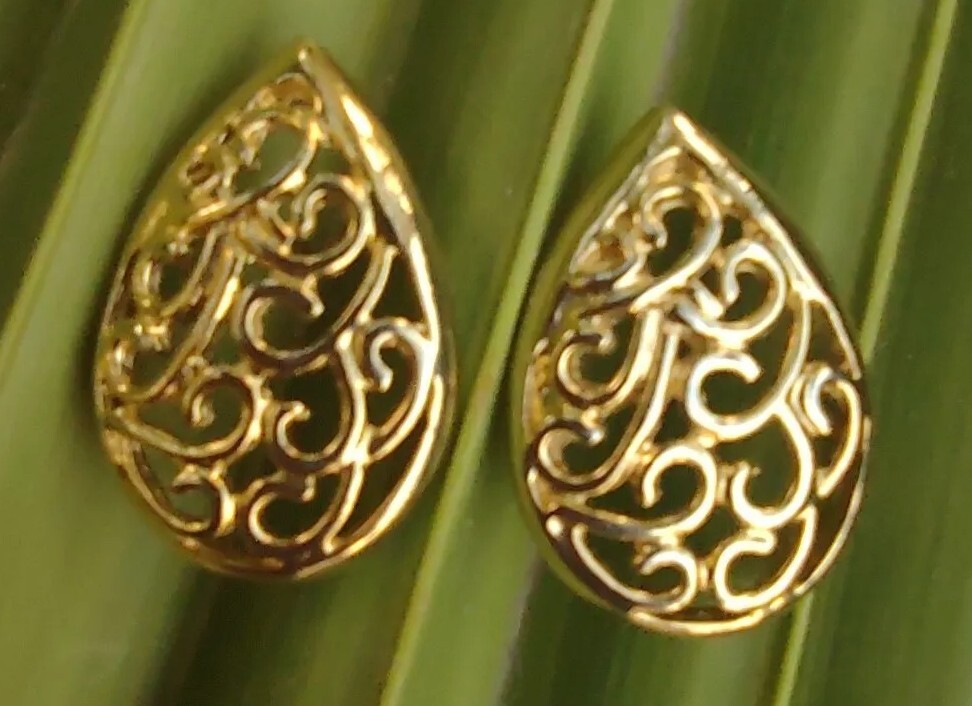 VTG Openwork Earrings Gold-tone Square 1980’s Teardrop Pierced Posts Classic