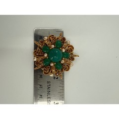 Vintage ART ARTHUR PEPPER Gold Tone Green Rhinestone Faux Pearl Brooch Sunburst