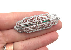 Vintage Art Deco Filigree Faux Gemstone Green Clear Glass Rhodium Plated Brooch