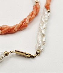 3 Strand Twisted White Rice Pearls/ Coral Necklace With Gold Colored Beads 24″