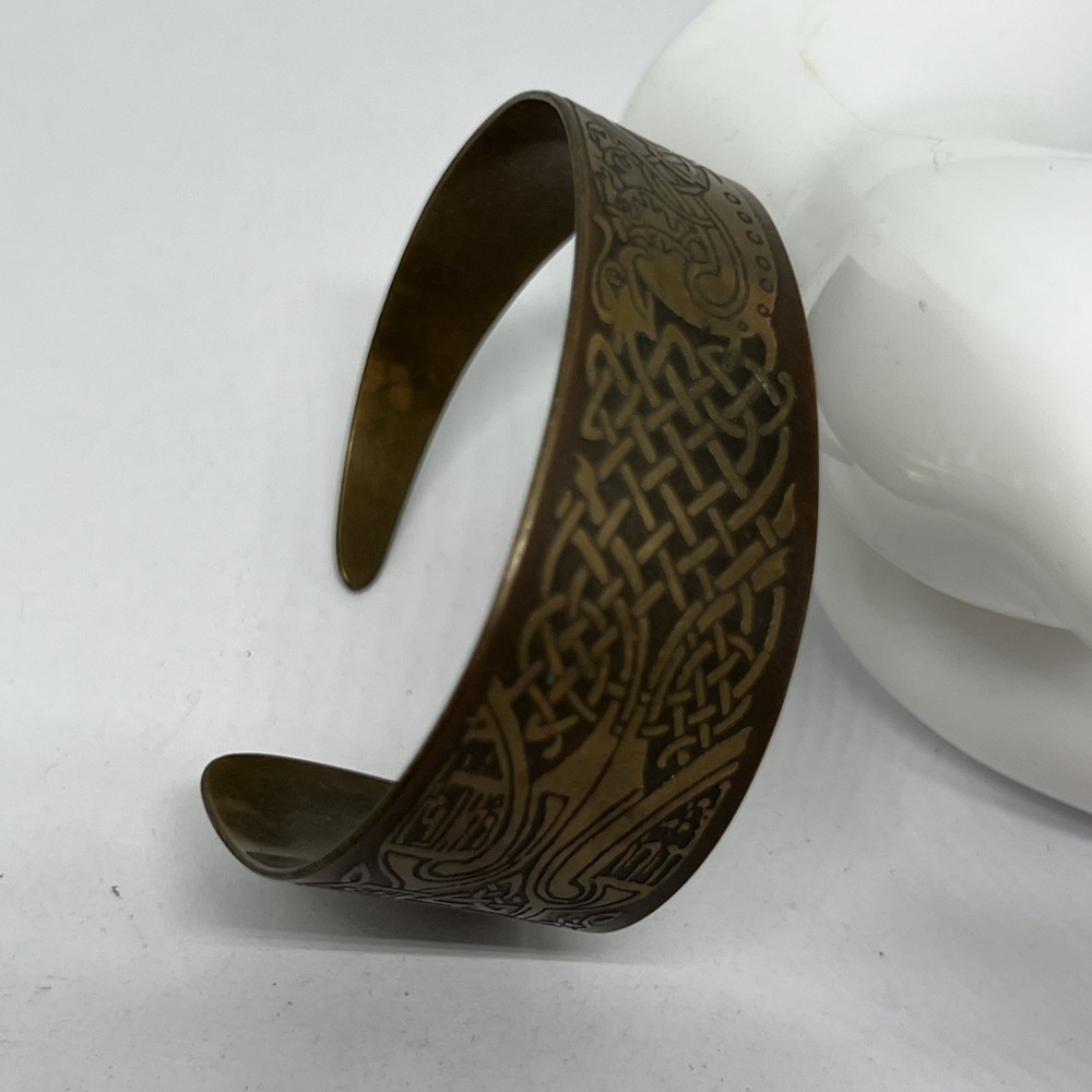 Vintage Celtic Knot Brass Cuff Bracelet Viking Norse Dragon Longship Wide Band