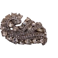 Vintage Clear Rhinestone Floral Brooch Silver Tone Pin 2 1/4 by 1 1/4