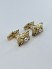 Vintage Faux Pearl mens cufflinks rectangle brushed gold tone concave whale back