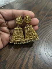 Temple Antique Gold Tone Pearl Drop Women Traditional Gopuram Lakshmi Jhumka