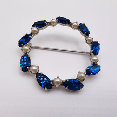 Vintage B. David Wreath Brooch Silver Tone Faux Pearl Blue Rhinestone Signed MCM