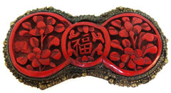 Antique 19th Century Chinese Export Flowers Leaves FU Symbol Cinnabar Brooch