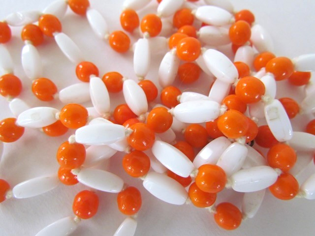 Vintage Glass Bead Mod Necklace 60’s White Orange XX Long 28 in