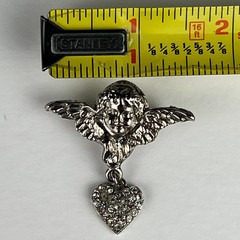 Vintage Silver Tone Cherub Angel Brooch Clear Rhinestone Dangle Heart Pin 1.75”