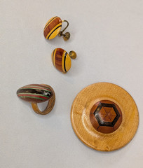 Vintage Lilac Wood Jewelry 3 Piece Lot – 1 Brooch, 1 Ring, 2 Screwback Earrings