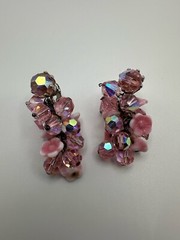 Vintage Pink Flower Dangle Clip Earrings 4.5cm JB17