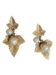 Vintage Ivy Leaves & Faux Pearls Stud Earring Stylized Drop Dangle Earrings