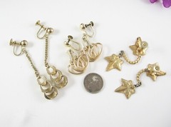 DANGLE GOLDTONE 3 Vintage Pairs EARRINGS Screwbacks Ivy Leaves Ovals 2 5/8″
