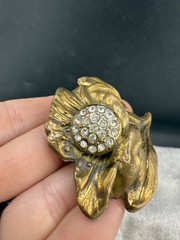 Vintage Brass Tone Flower Brooch Pin Rhinestone Gold Tone