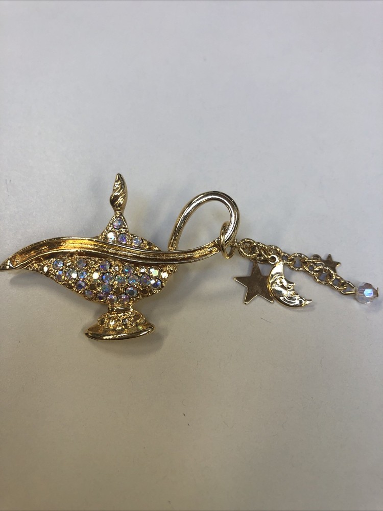 Vintage Kirk’s Folly Magic Aladdin Genie Lamp Crystal Brooch Moon Stars