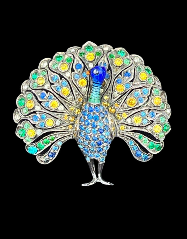 Peacock Brooch Sterling Paste Antique Art Deco Enamel