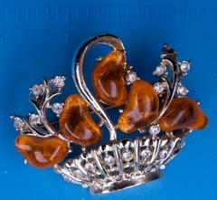 Vintage Floral Basket Brooch Silver Tone 1.75″ Amber Plastic Pin