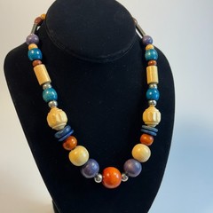Chunky Vintage Necklace Wood Beads Boho Colorful Eye Catching