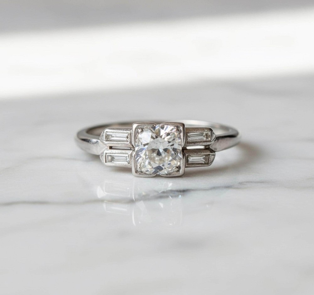 Vintage Art Deco Lab Created Diamond Five Stone Retro 925 Silver Wedding Ring