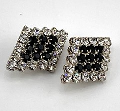 Vintage. Brilliant Black & Clear Diamond Shape Rhinestone Clip Earrings. 1.50”